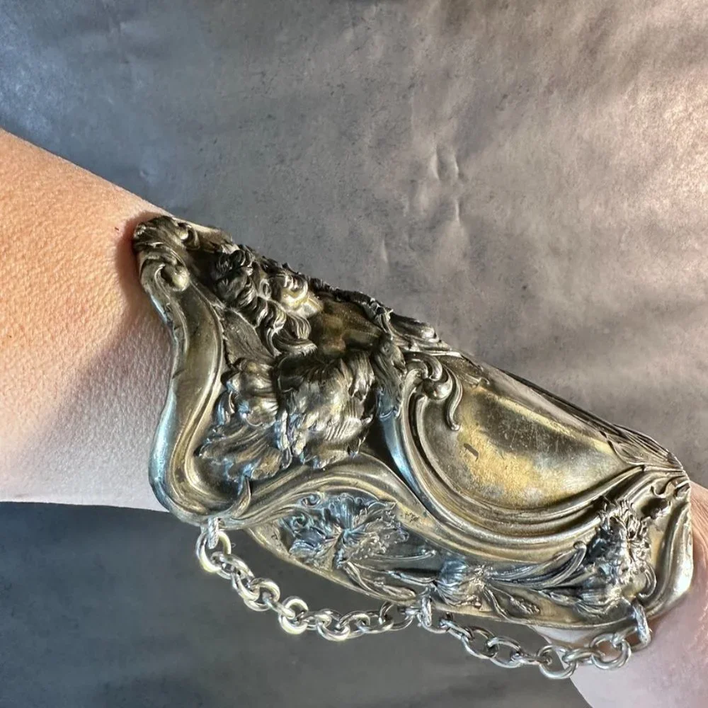 Antique Art Nouveau Wide Cuff Goddess Bracelet Bracer Alphonse Mucha Lady Face
